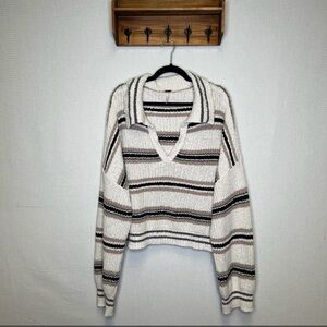 Free People Collared Sweater - Cream and Brown Stripes